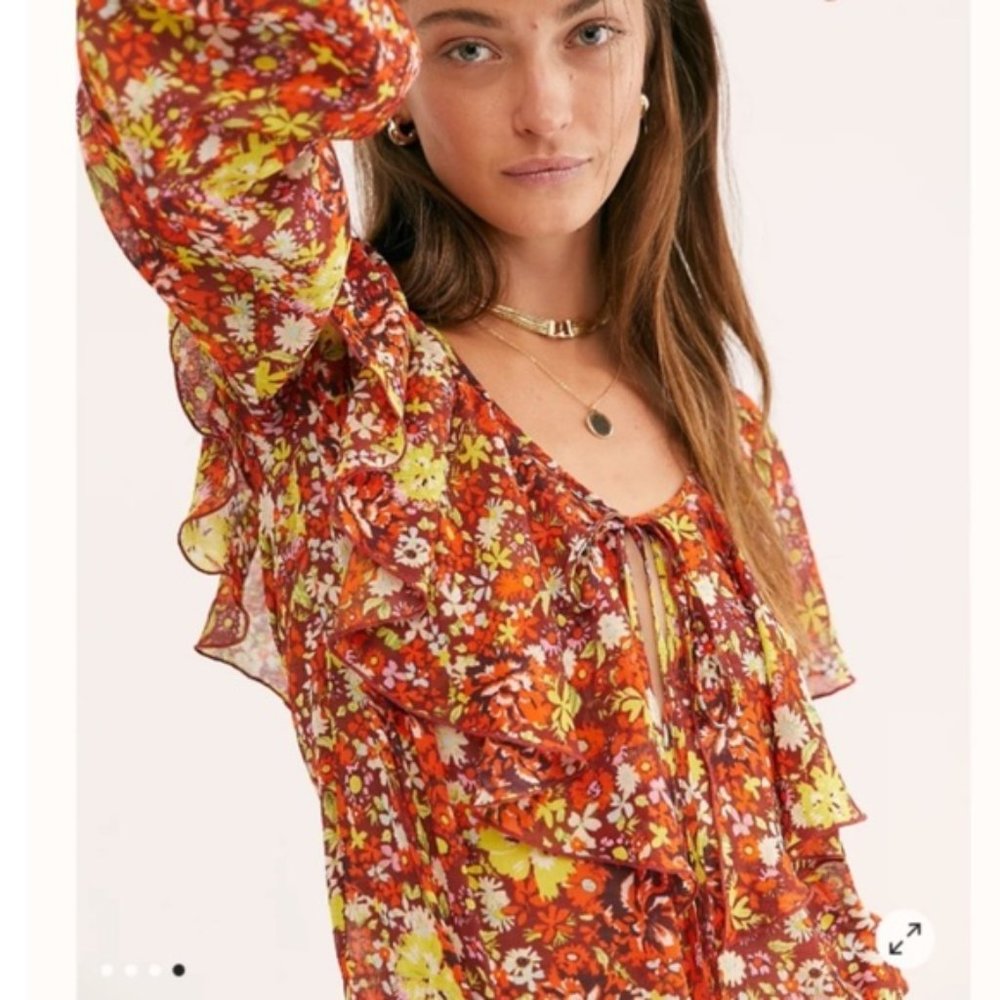 Free People Sheer Floral Ruffle Long Sleeve Body Suit